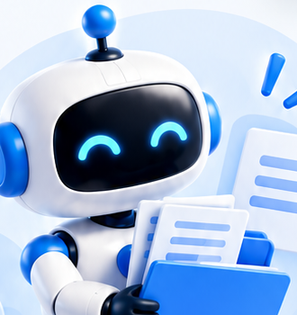 Robot educativo organizando documentos y carpetas