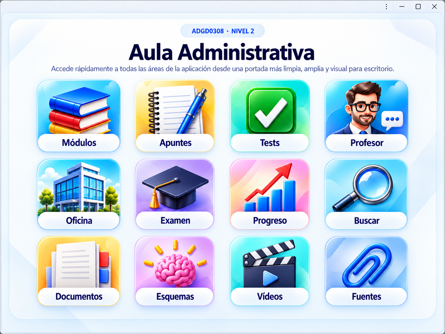Panel de inicio premium de Aula Administrativa con 12 accesos rápidos para escritorio.
