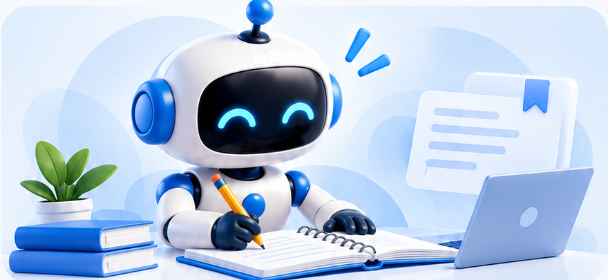 Robot tomando apuntes junto a libros y un portátil