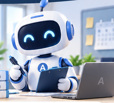 Robot administrativo en un escritorio de oficina con tablet y portátil