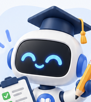 Robot educativo con birrete, lista de comprobación y lápiz